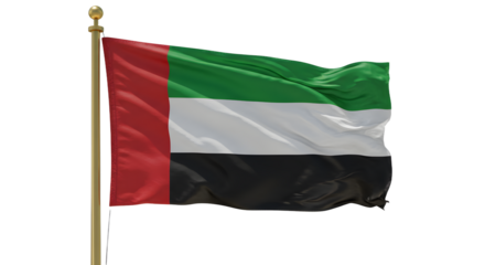 Waving flag of the United Arab Emirates against a clear sky, symbolizing national pride and unity, suitable for educational use
