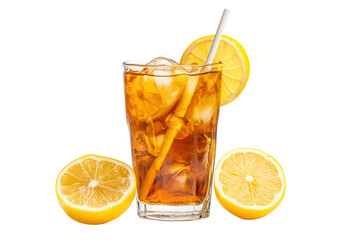 Fototapeta premium Refreshing Iced Tea with Lemon Slices and Straw Isolated on Transparent Background