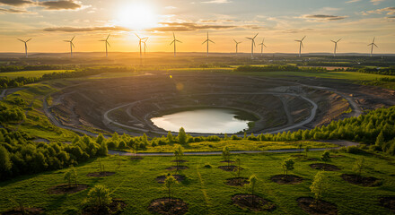 Dramatic aerial view of a former mine now a lake with wind turbines,Landscape of a converted mine pit lake with windmills in the background at sunset