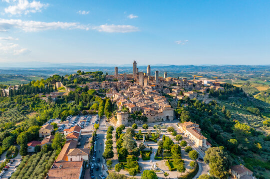 Aerial view, San Gimignano, UNESCO World Heritage Site, Siena, Tuscany, Italy,
