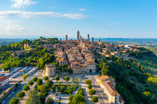 Aerial view, San Gimignano, UNESCO World Heritage Site, Siena, Tuscany, Italy,
