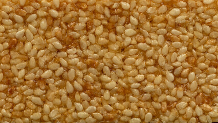 Bottom surface of a sweet sesame seeds candy bar as background texture. Close-up.