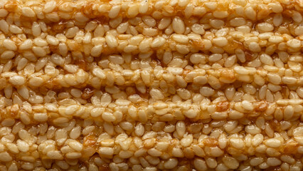 Close-up view of top surface of a sweet sesame seeds candy bar. Background texture.