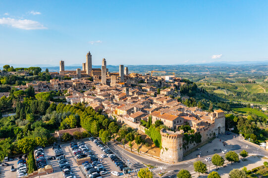 Aerial view, San Gimignano, UNESCO World Heritage Site, Siena, Tuscany, Italy,
