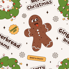 Seamless pattern with gingerbread man, pine wreath with garland, and text stickers for Christmas and New Year. Modern pattern with holiday elements. Vector