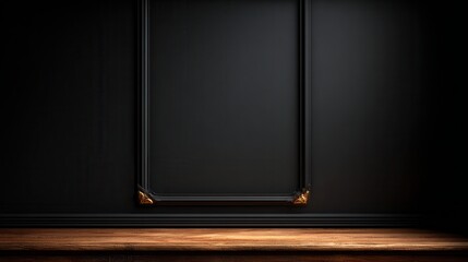A dark, elegant interior setting featuring a blank framed space, ideal for showcasing artwork or photographs, The rich wooden surface adds warmth, making it suitable for design or decor projects,