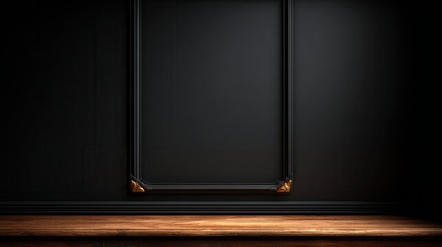 A dark, elegant interior setting featuring a blank framed space, ideal for showcasing artwork or photographs, The rich wooden surface adds warmth, making it suitable for design or decor projects,