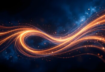 Fototapeta premium Spiral of light and dark blue with orange streaks. The light and dark blue swirls are almost like a galaxy.Vibrant orange light waves in a cosmic swirl, perfect for futuristic sites.