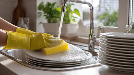 Person washing dishes in a sink with yellow gloves and a sponge under running water in a bright kitchen