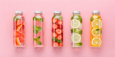 Five clear bottles of fruit infused water on pink background