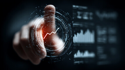 Futuristic financial analysis with a hand interacting with a glowing digital chart displaying upward growth and data visualizations on a dark background