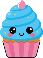 Adorable kawaii blue frosted cupcake with pink wrapper and sprinkles isolated on transparent background a sweet cartoon dessert with a happy face and rosy cheeks
