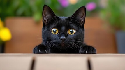 Black Cat Peeking Over a Table Edge