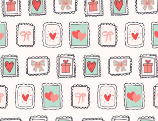 Seamless pattern of love-themed postage stamps in hand-drawn doodle style, vector format. Pastel palette with sketchy texture. Ideal for wrapping paper, fabric, Valentine's cards, stationery, kids pro