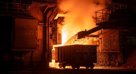 Industrial Molten Metal Pouring from Furnace into Railcar in Factory, Fiery Metal Casting Operation in a Manufacturing Plant at Night