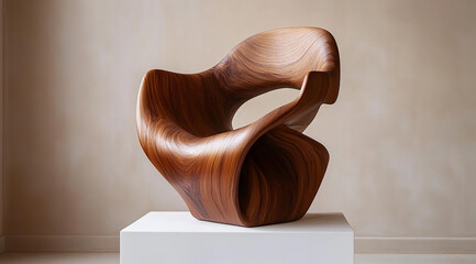 Abstract wooden sculpture of a contemplative figure with flowing lines and organic form on a white pedestal