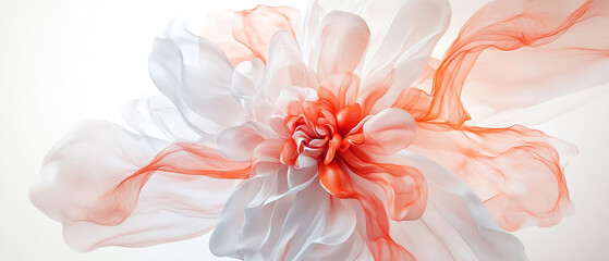 Close up abstract view of delicate white petals with vibrant coral orange watercolor paint flowing through them
