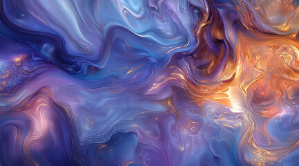 Obraz premium Mesmerizing abstract fluid art with swirling purple blue and golden orange colors creating a cosmic nebula effect