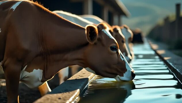 Cow drinking water from a large trough