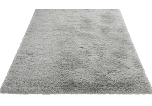 A light gray shag rug with deep, dense, soft pile and visible fibers, centrally positioned on a pristine transparent plain in a minimalist studio environment, showcased with shadowless lighting