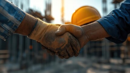 Construction Workers Handshake on Building Site