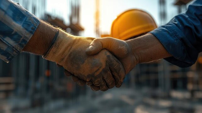 Construction Workers Handshake on Building Site