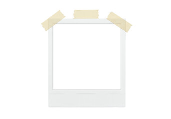 A single, blank instant photograph resembling a Polaroid, with a prominent white border, secured by beige masking tape on a transparent background, illuminated by shadowless studio lighting in a