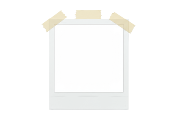 A single, blank instant photograph resembling a Polaroid, with a prominent white border, secured by beige masking tape on a transparent background, illuminated by shadowless studio lighting in a