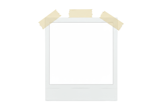A single, blank instant photograph resembling a Polaroid, with a prominent white border, secured by beige masking tape on a transparent background, illuminated by shadowless studio lighting in a