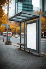 Modern city bus stop mockup surrounded by autumn foliage in urban setting