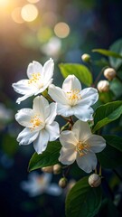 Obraz premium Elegant white jasmine blossoms bathed in the warm sunlight create a serene display
