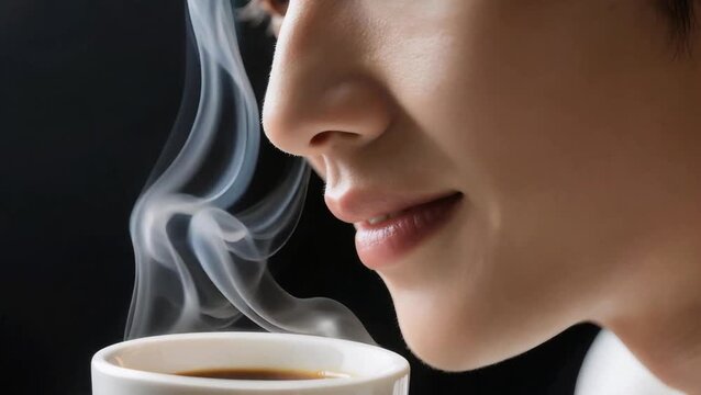 Joven mujer oliendo una taza de cafe humeante