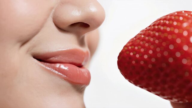Mujer oliendo y saboreando con delicadeza a una frutilla fresca y madura
