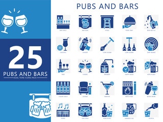 Pubs and bars dual tone icons set. contain beer, glass, cork screw, cheers, menu, cocktail, stool, cocktail, brewery, drink, lounge and more. Vector for UI, UX kit, web and app entertainment industry.