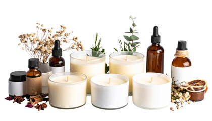 DIY candle-making station with soy wax, dried flowers, essential oils – clean and warm isolated on white background. Png