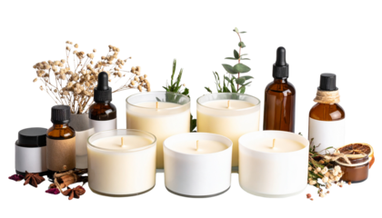 DIY candle-making station with soy wax, dried flowers, essential oils – clean and warm isolated on white background. Png