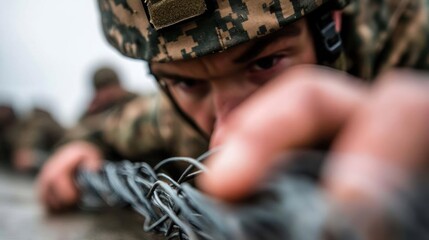 Determined Soldier Crawling Under Barbed Wire