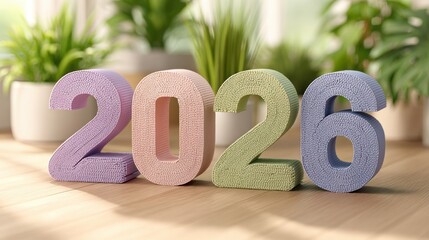 Decorative 2026 New Year Elements in Pastel Colors with Green Plants, Illustrating Festive Future on transparent background