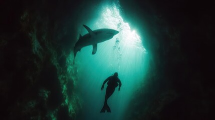Fototapeta premium Diver and Shark Silhouette in Sunlit Ocean Cave