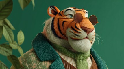 Stylish tiger wearing sunglasses and suit with green leaves, exuding sophistication and charm on transparent background