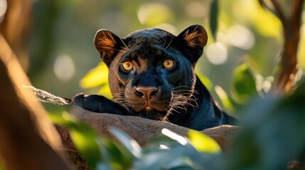 Elegant Black Panther Portrait in Lush Greenery