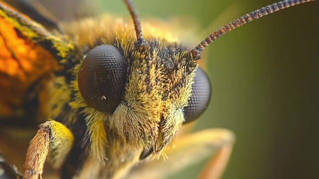 A close-up shot of a bee's face with a blurred background