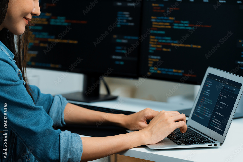Poster smiling young asian in it developer creating with typing online information on laptop with coding pr