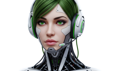 Futuristic cyborg woman with striking green eyes and hair wearing headphones, poised for gaming or virtual reality experiences, embodying high-tech style