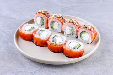 Japanese Sushi Rolls Philadelphia Uramaki Plate on Gray Background for Restaurant Menu or Food Delivery