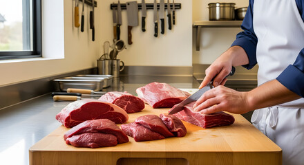 Butcher preparing raw meat cuts on a wooden cutting board