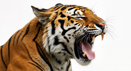 Majestic Tiger Roaring Showing Sharp Fangs and Tongue Against a Pure White Isolated Background a Fierce Wild Animal
