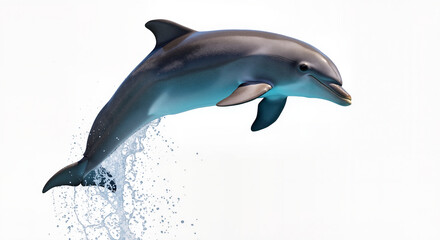 A Majestic Dolphin Leaps Joyfully from the Ocean Water Creating a Dynamic Splash Against a Pure White Isolated Background