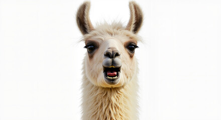Close up portrait of a white llama with its mouth open against a clean white background in a studio setting