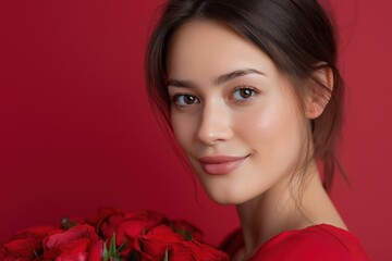 Fototapeta premium Young caucasian female holding roses against a red background